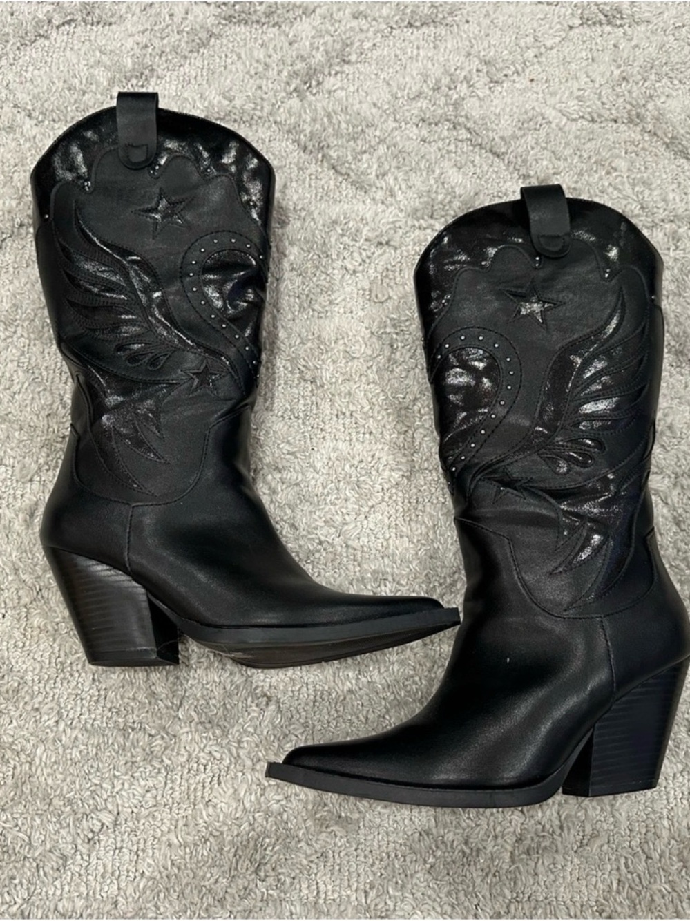 Women's Black Western Heeled Boots with Embossed Star Detail